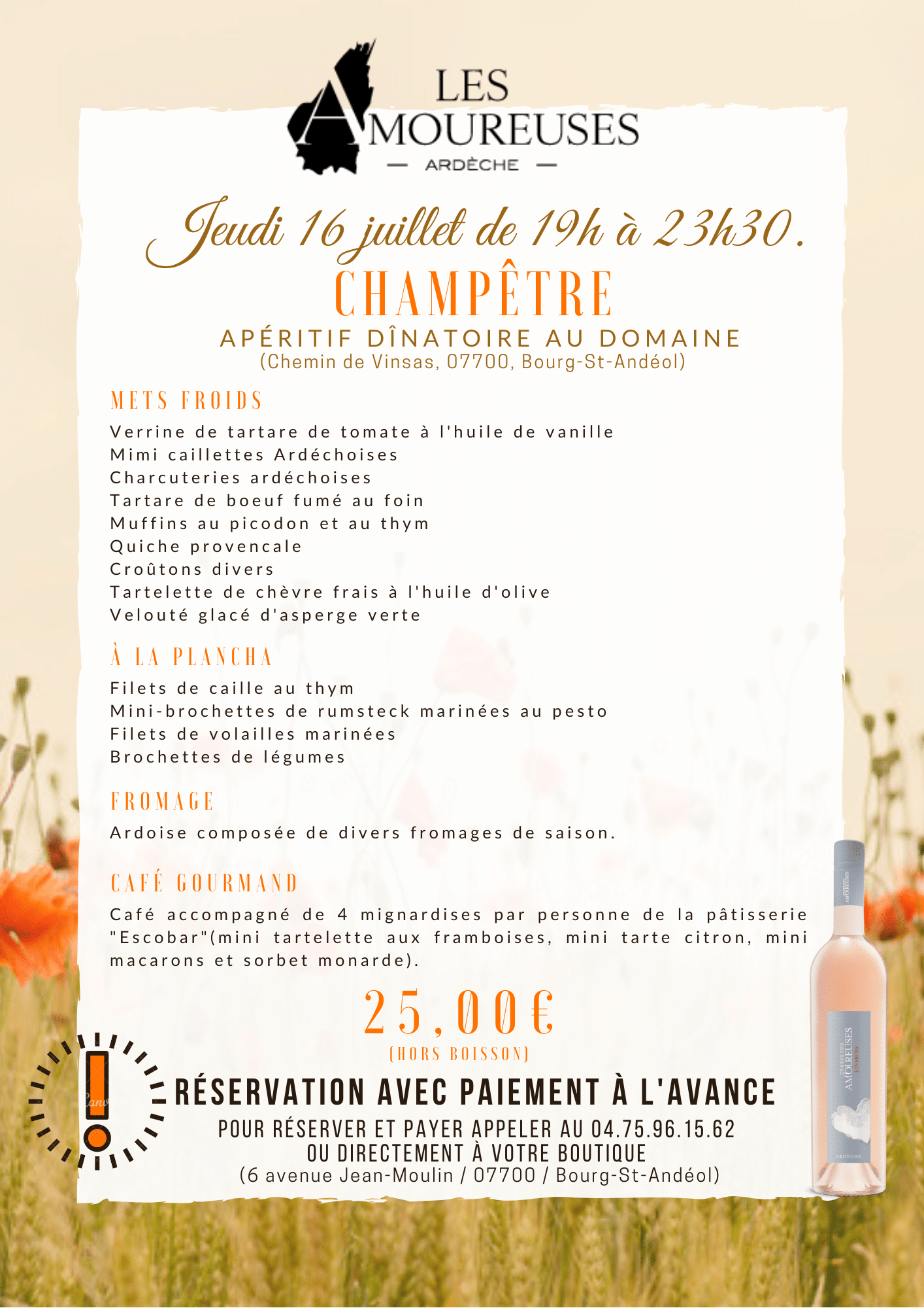 Menu soirée champêtre 16 juillet 2020 les amoureuses